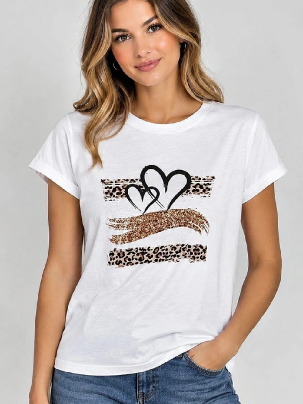 Women's Animal Print Heart Graphic Tee in White